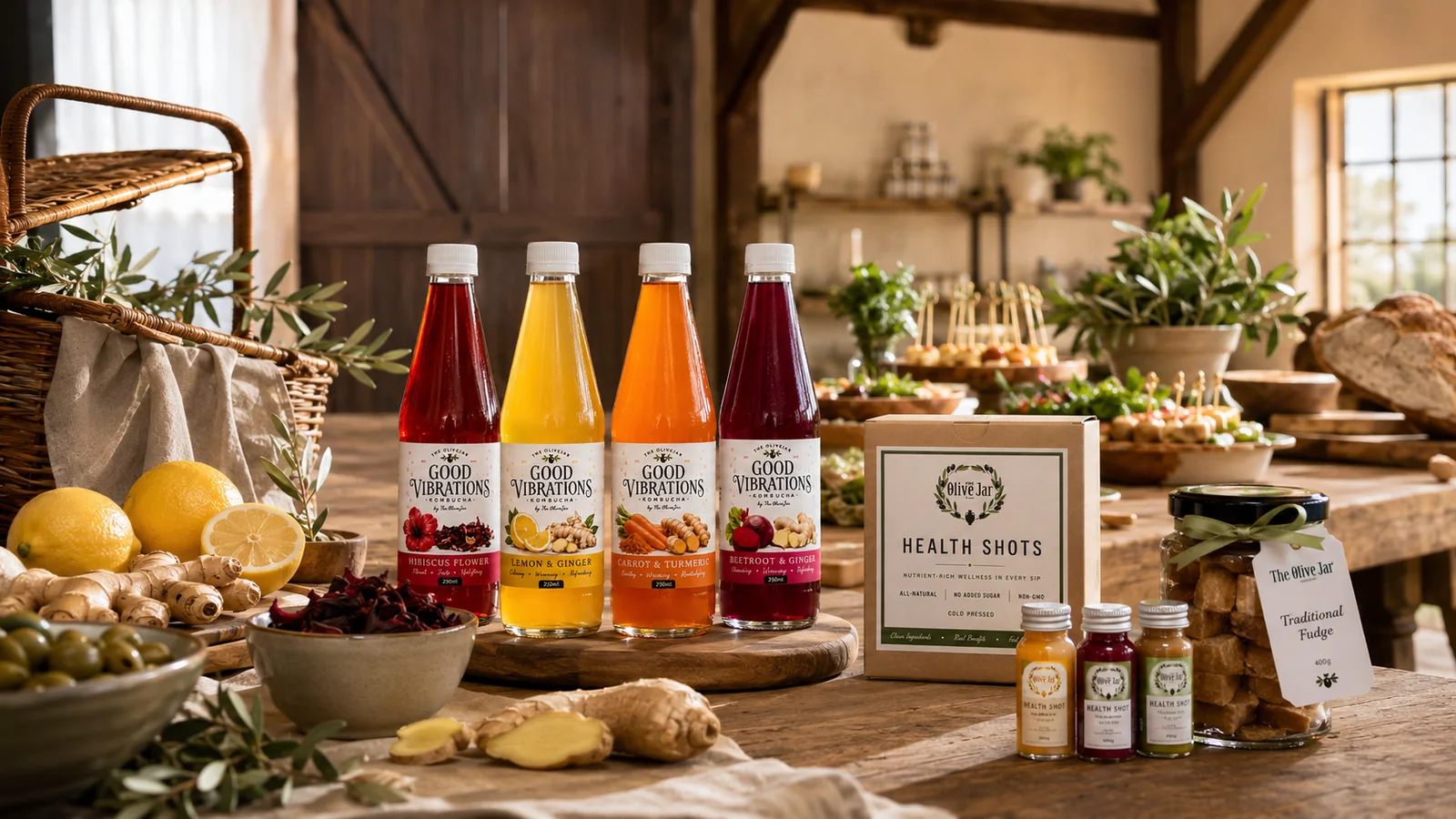 Olive Jar kombucha, health shots and fudge arranged for a generous table