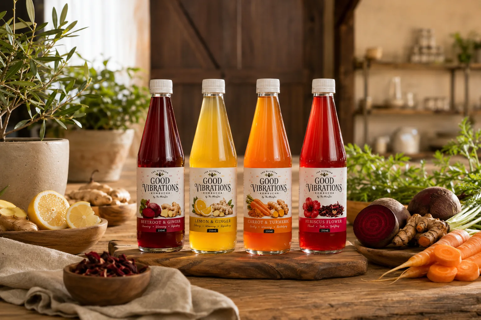 The four Good Vibrations kombucha flavours gathered together