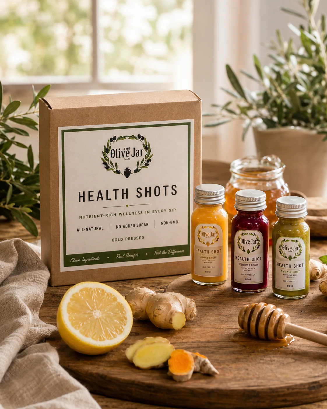 Four Olive Jar 100ml health shots in their individual blends