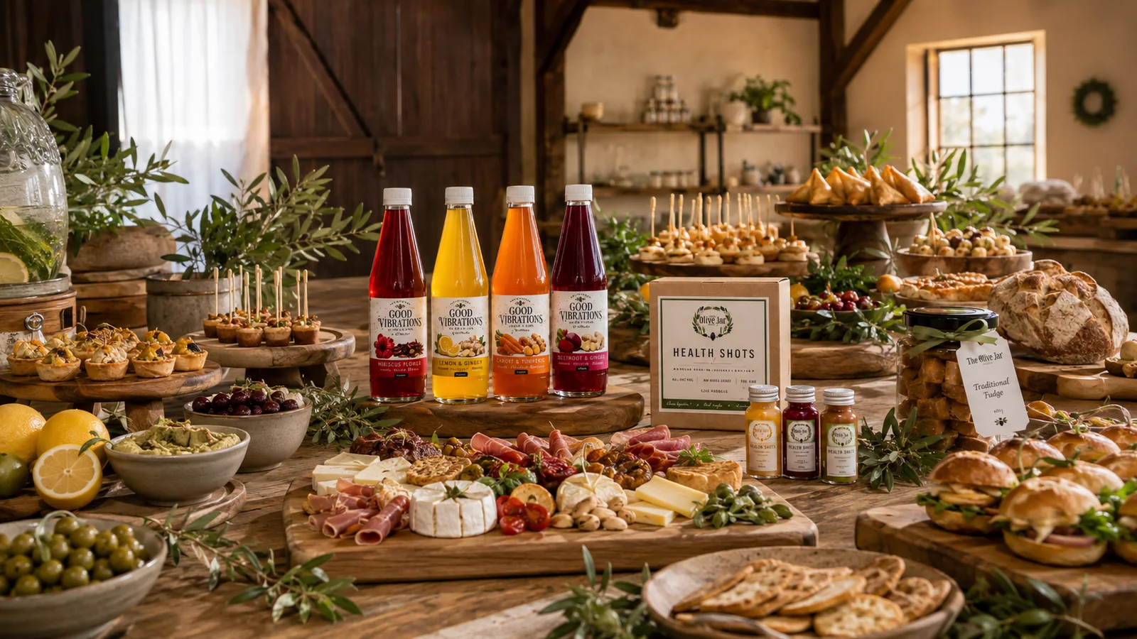A long catering table laid with canapés, cheese boards, breads, salads and fresh figs